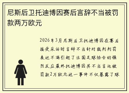 尼斯后卫托迪博因赛后言辞不当被罚款两万欧元