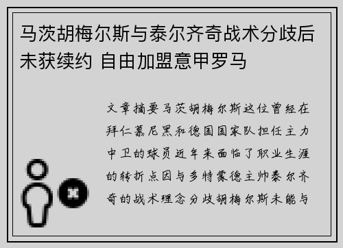 马茨胡梅尔斯与泰尔齐奇战术分歧后未获续约 自由加盟意甲罗马