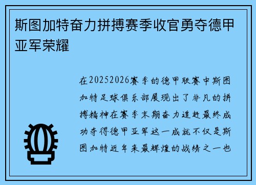 斯图加特奋力拼搏赛季收官勇夺德甲亚军荣耀